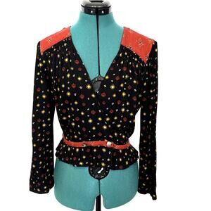 Free People Long Sleeve Button Wrap Top Black Red Lotus Flower Size Small‎